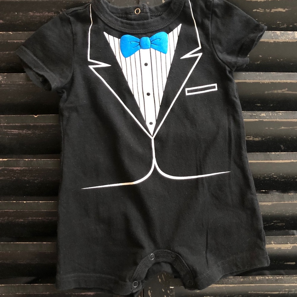 CHEROKEE Infant Short Sleeve Tuxedo Shorts Romper